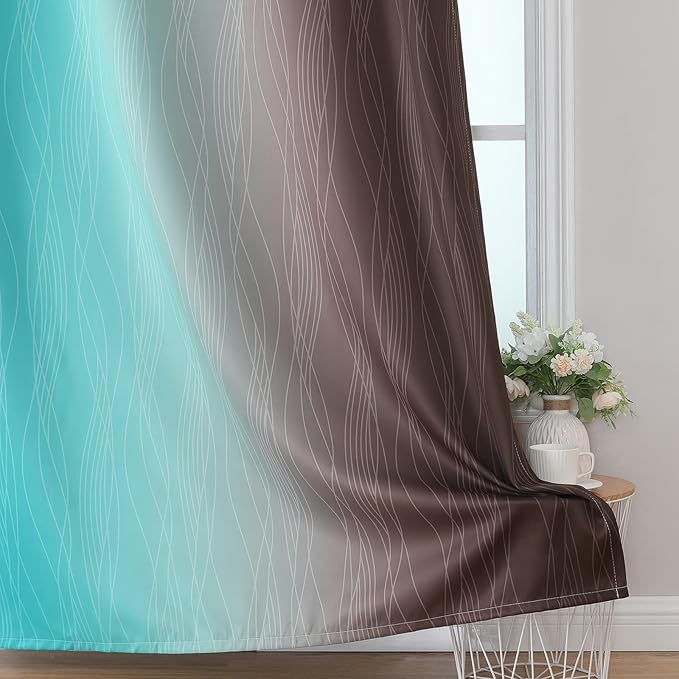 Estelar Textiler Brown and Teal Gradient Blackout Curtains for Bedroom, Ombre Thermal Insulated Noise Reducing Blackout Drapes for Living Room, Full Room Darkening Grommet Curtains, 52Wx84L, 2 Panels