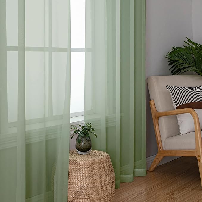 Aiyufeng Sage Green Sheer Curtains 96 Inch Length 2 PCS, Rod Pocket Voile Drapes for Bedroom Living Room, Semi Sheer Curtain Panels Window Treatments for Yard/Patio/Villa/Parlor, 40"x 96", Sage Green