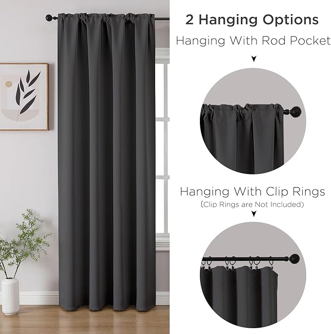 CUCRAF Dark Grey Blackout Curtains 72 inch Length 2 Panels Set, Rod Pocket Room Darkening Drapes for Bedroom Living Room, Insulated Thermal Light Blocking Window Curtain (W52 x L72 Inch)