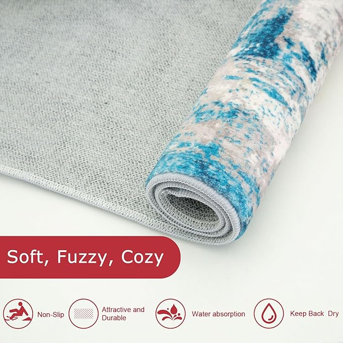 KOZYFLY Modern Abstract Rug Runner, 2x8, Blue, Low Pile, Machine Washable, Non-Slip, Recycled Fiber, Area Rug for Hallway, Kitchen, Bathroom, Bedroom