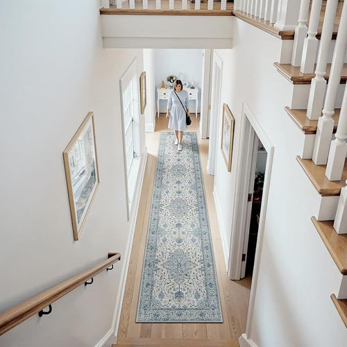 Area Rugs 3'x12' Runner Rug Non Slip Washable for Kitchen Hallway Bedroom Beside Laundry Room Bathroom Rug, Floor Carpet, Light Blue Navy Beige Gray White