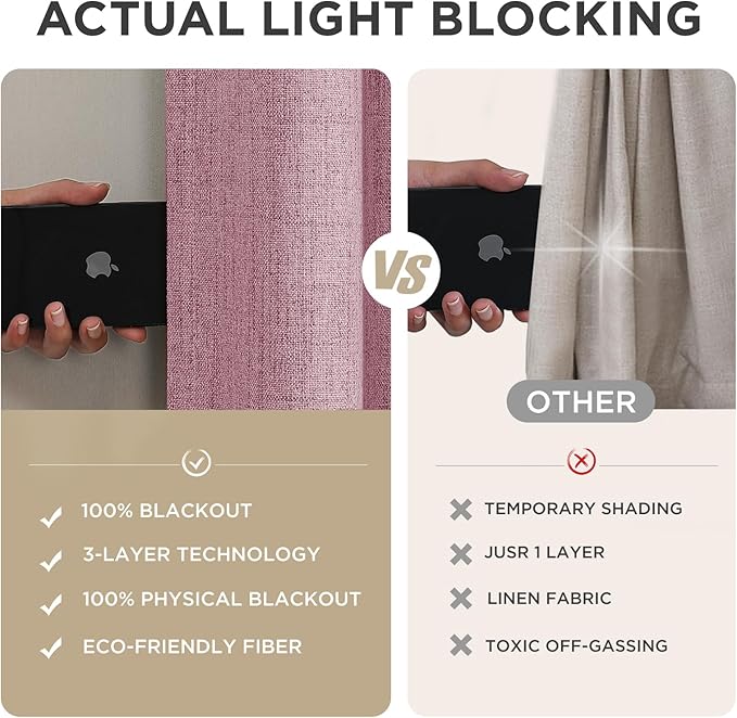 Joydeco Blackout Curtains for Bedroom - 100% Light Blocking 2 Panels Set Pink Drapes 66" W x 84" L, Thermal Insulated Room Darkening Curtains, Linen Textured for Living Room, Rod Pocket & Back Tabs