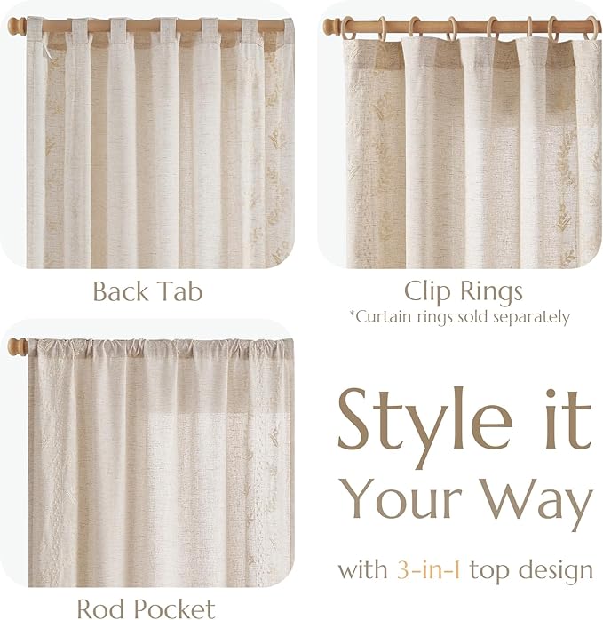 jinchan Belrose Linen Curtains for Bedroom Floral Curtains 96 Inch Length Linen Blend Ivory Embroidered Drapes Farmhouse Flower Patterned Drapes for Living Room Window Treatments Set 2 Panels