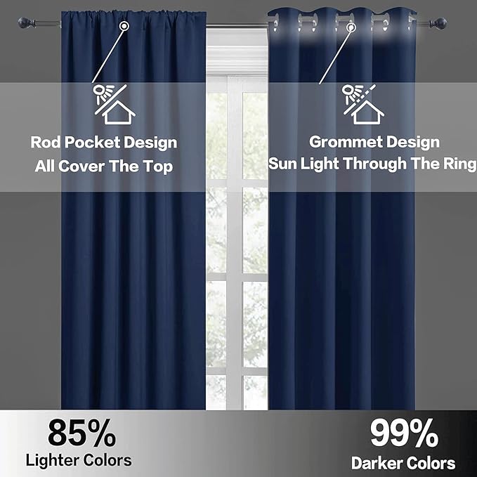 RYB HOME Blackout French Door Window Curtain Covering, Rod Pocket Thermal Insulated Privacy Non See Through Drapes for Bathroom Window, Width 29 by Length 45, Navy Blue, 2 Panels