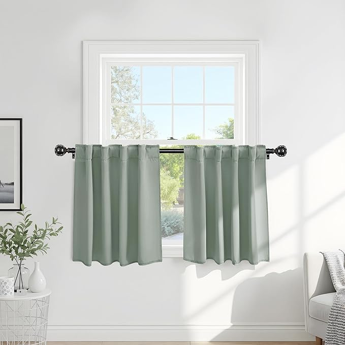 Pony Dance Short Curtains for kinchen, Half Drapes for Bathroom Window, loft Curtain Tiers for Basement Shades, Wide 29 x Long 24 inches per Panel, Sage Green, Set of 2