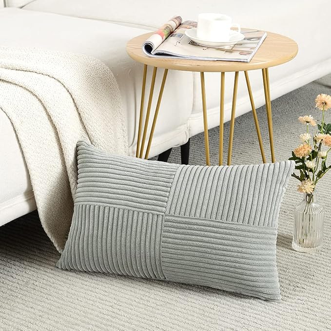 Fancy Homi 2 Packs Grey Long Lumbar Decorative Throw Pillow Covers 12x24 Inch for Couch Bed Sofa, Rustic Farmhouse Boho Home Decor, Soft Striped Corduroy Rectangle Accent Cushion Case 30x60 cm