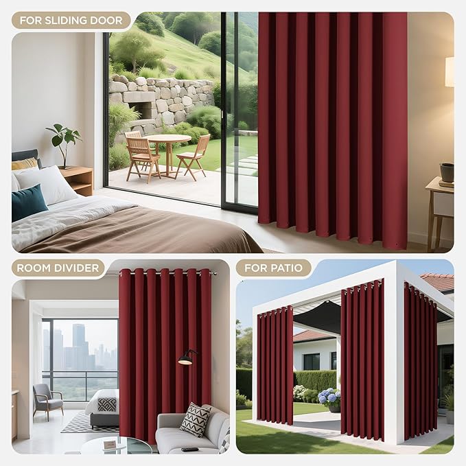 Joydeco Blackout Patio Sliding Door Curtains 90 Inches Long, Grommet Privacy Room Divider Curtains, Extra Wide Thermal Blackout Drapes for Bedroom Living Room (Burgundy Red, 100Wx90L, 1 Panel)