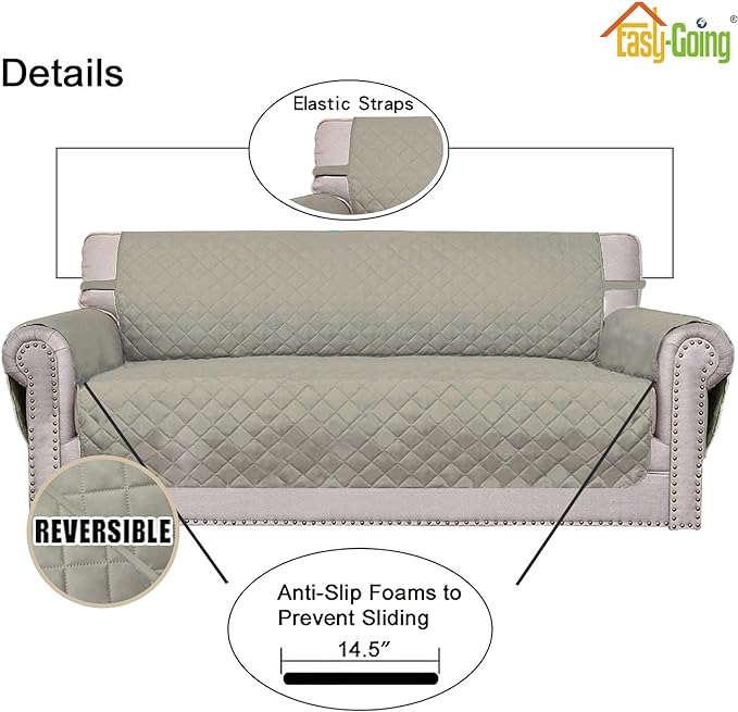 Easy-Going Reversible Couch Cover for 3 Cushion Couch Sofa Cover for Dogs Water Resistant Furniture Protector Cover with Foam Sticks Elastic Straps for Pet Cat (Sofa, Beige/Beige)