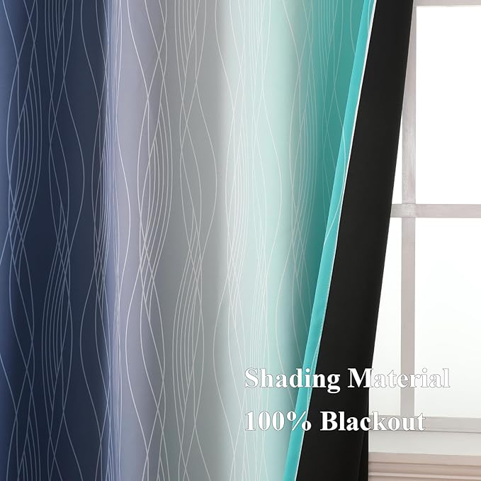 Estelar Textiler Navy Blue and Teal Ombre Blackout Curtains 54 Inch Length 2 Panels, Full Room Darkening Gradient Drapes for Kitchen, Thermal Insulated Grommet Short Curtains for Bedroom,42Wx54L