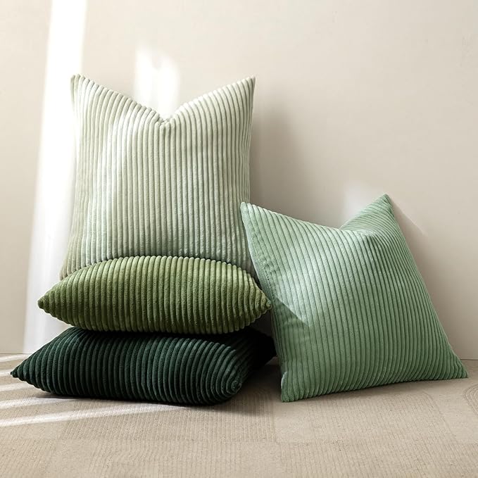 MIULEE Boho Farmhouse Sage Green Throw Pillow Covers 18x18 Inch Set of 4 Mordern Nordic Cushion Covers Soft Corduroy Spring Home Decor for Couch Bed Sofa Living Room Forest Green