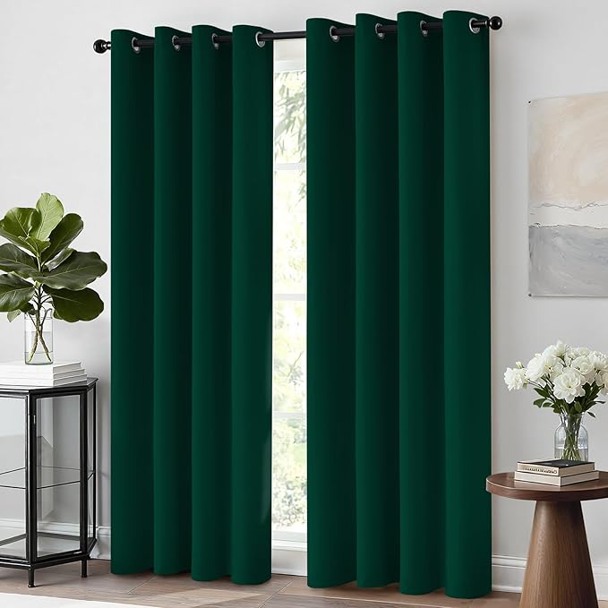 Yakamok Light Blocking Blackout Curtains， Thermal Insulated Room Darkening Drapes for Bedroom, Solid Grommet Top Window Curtains, 52x72 Inch, Dark Green, 2 Panels