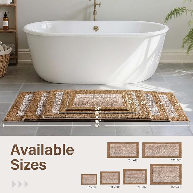 60x24 Long Bathroom Rugs Washable Non Slip, Coffee Bath Mat for Bathroom Floor Tub, Soft Absorbent Quick Dry Mats for Shower, Bathtub,Home Decor