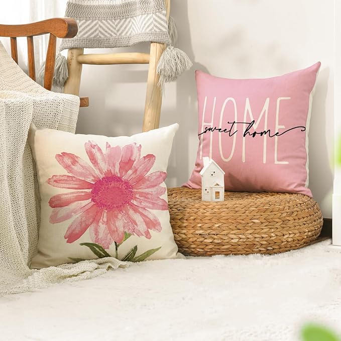 AVOIN colorlife Home Sweet Home Spring Summer Flowers Pink Throw Pillow Covers, 16 x 16 Inch Cushion Case for Sofa Couch Set of 4