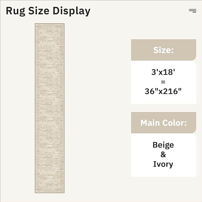Hallway Runner Rug 3x18 - Kitchen Rugs 18ft Washable Entryway Rug Vintage Kitchen Runners Non Slip Farmhouse Indoor Carpet Runner for Living Room Bedroom, Beige