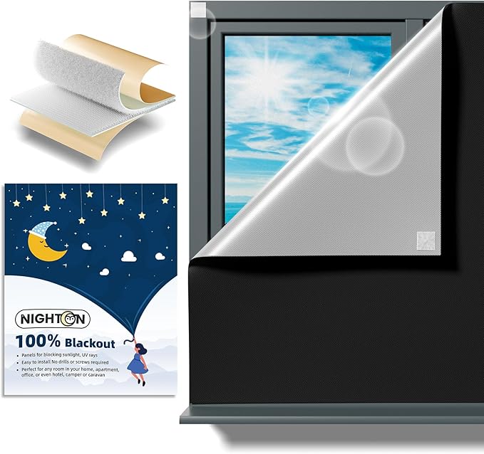 NIGHTON Portable Blackout Curtains 100"×57", Strong Hook and Loop Tape Strips with Adhesive, Cuttable Blackout Window Cover, 100% Black Out Material Blinds for Baby Nursery or Travel - Black