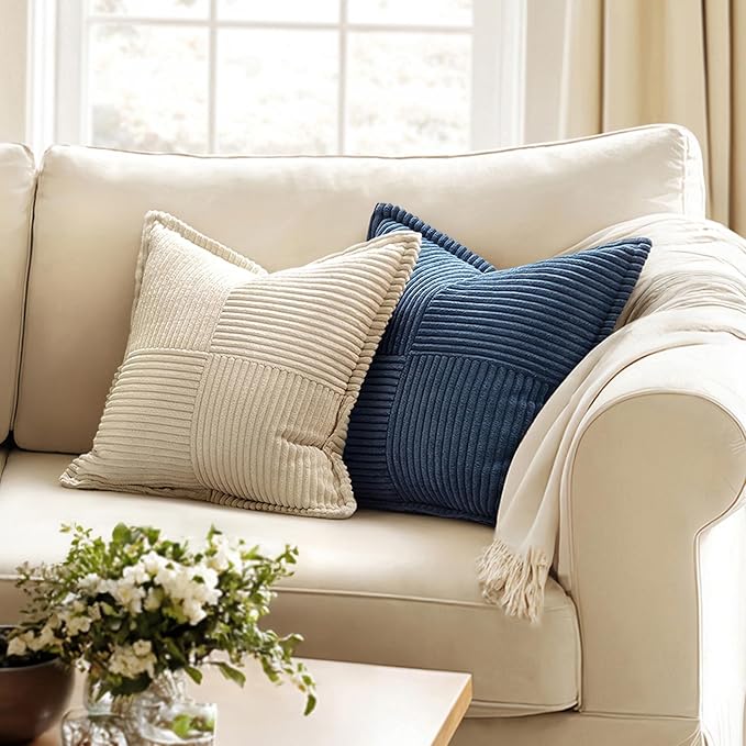 MIULEE Decorative Throw Pillow Covers for Couch Bed Livingroom 12x12 Inch Set of 2 Blue Boho Accent Throw Pllows Broadside Striped Patchwork Soft Corduroy Pillowcases