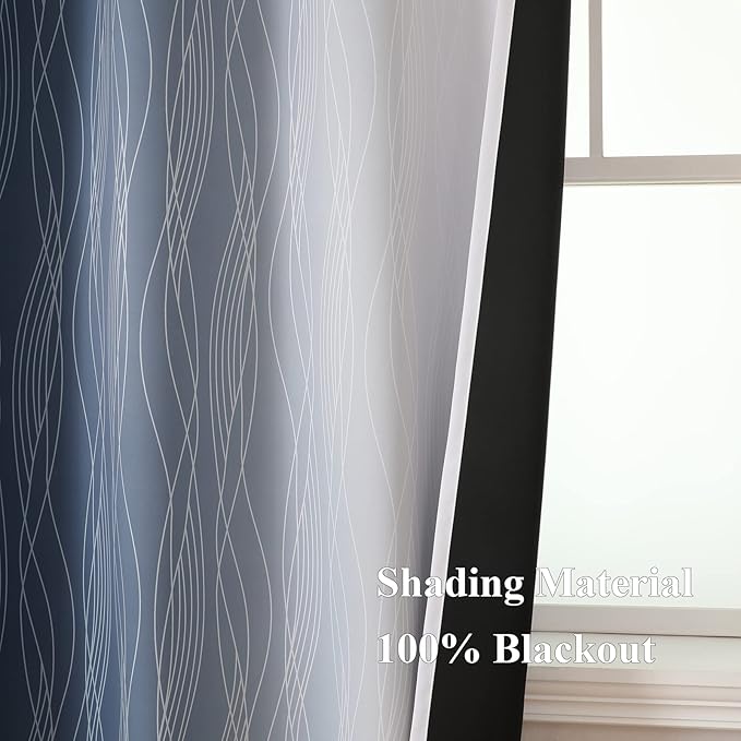 Estelar Textiler Full Room Darkening Greyish White and Navy Blue Blackout Curtains 63 Inch Length 2 Panels Set,Ombre Thermal Insulated Full Light Blocking Grommet Blackout Drapes for Boys Room,52Wx63L