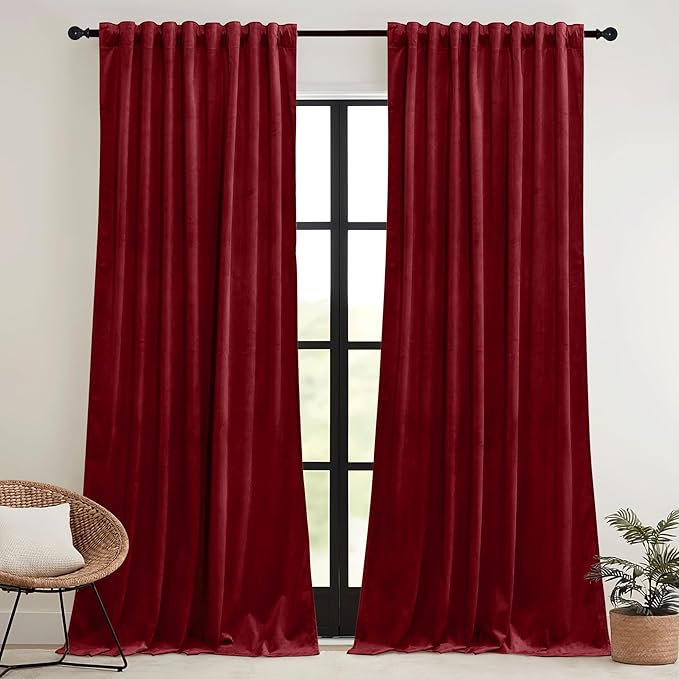 RYB HOME Chistmas Red Velvet Curtains- Super Soft Thermal Insulated Back Tab & Rod Pocket Window Curtain for Bedroom Movie Theater, Width 52 x Length 90 inch, Red, 2 Panels