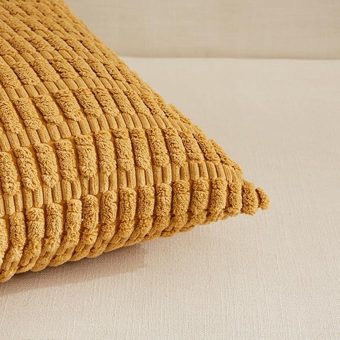 Fancy Homi 4 Packs Mustard Yellow Decorative Throw Pillow Covers 12x24 Inch for Living Room Couch Bed Sofa, Rustic Farmhouse Boho Home Decor, Soft Plush Striped Corduroy Square Cushion Case 30x60 cm