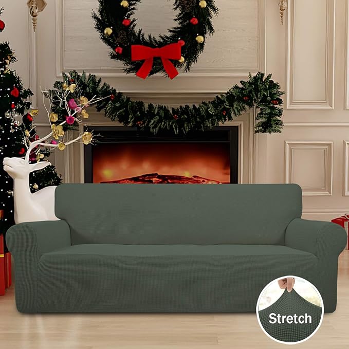 Easy-Going Stretch Oversized Sofa Slipcover 1-Piece Sofa Cover Furniture Protector Couch Soft with Elastic Bottom for Kids, Polyester Spandex Jacquard Fabric Small Checks Olive Green