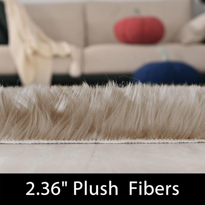 Latepis Runner Faux Fur Rug Camel Beige 2x6 Rugs Fluffy Furry Washable Sheepskin Rug Small Area Rugs for Living Room Sofa Bedroom Carpets Sheepskin