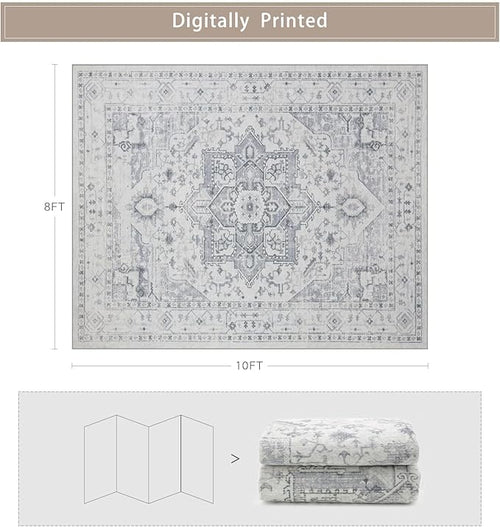 Area Rug 8x10 Washable Area Rugs for Living Room- Ultra Soft Non-Shedding Faux Wool Bedroom Rug Large Grey Vintage Print Rugs with Non Slip Rubber- Indoor Retro Foldable Carpet for Dining Room