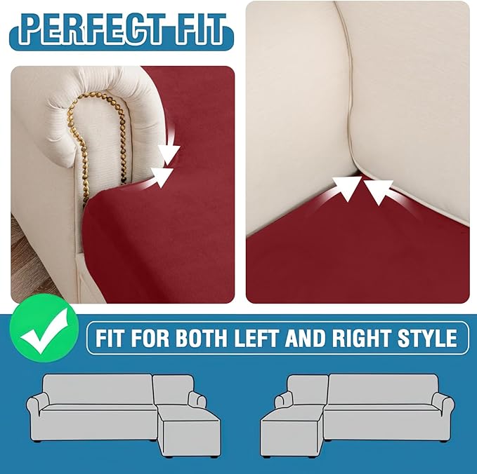 Couch Cover 6-Piece Elastic Velvet Couch Cushion Covers & Chaise Slipcovers for L-Shaped Sofas, Sofa Seat Covers Washable, Soft Cover for Couches (5 Seater + Chaise, Christmas Red)