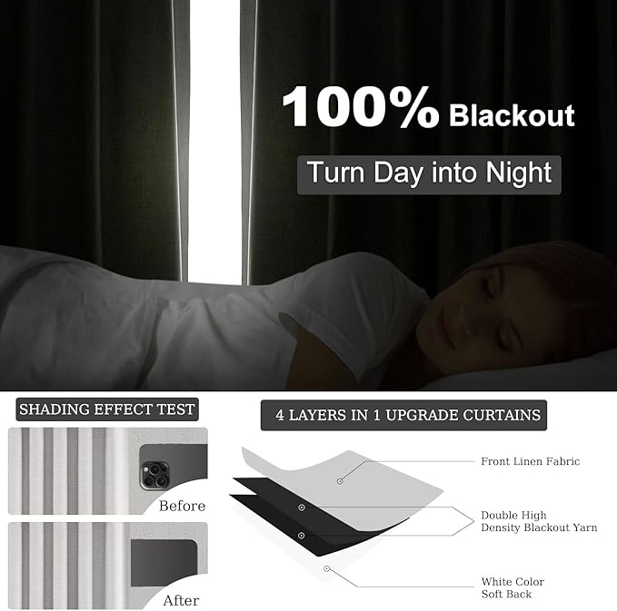 Topfinel Grey Beige Extra Long 132 Inch 100% Blackout Curtains for Livingroom Neutral Modern Linen Blend Curtain Drapes Sound Proof Drapes Privacy Ceiling Track Villa Bedroom 11Ft(W52 xL132 2 Panels)