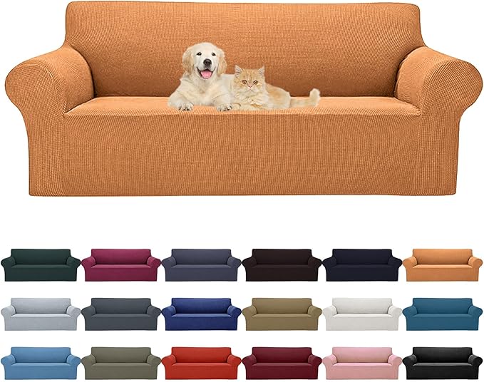 Cupuamon 2026 New Stretch Sofa Slipcovers Couch Cover for 3 Cushion Furniture Protector Sofa Covers with Elastic Bottom Jacquard Fabric Small Checks for Pets, Kids -Sofa, Golden