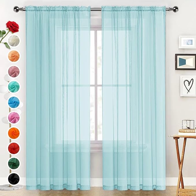 SpaceDresser Basic Rod Pocket Sheer Voile Window Curtain Panels Sky Blue 1 Pair 2 Panels 52 Width 96 Inch Long for Kitchen Bedroom Children Living Room Yard（Sky Blue, 52W x 96L）