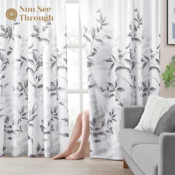 HOMEIDEAS Non-See-Through Light Grey and White Privacy Sheer Curtains 52 X 96 Inches Long 2 Panels, Leaf Floral Printed Light Filtering Semi Sheer Window Curtains Drapes for Bedroom Living Room