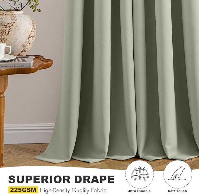 MIULEE Sage Green Blackout Curtains for Bedroom Living Room 63 Inches Long 2 Panels, Thermal Insulated Room Darkening Drapes Solid Grommet Noise Reduction Light Blocking Window Treatments 50x63 Inch
