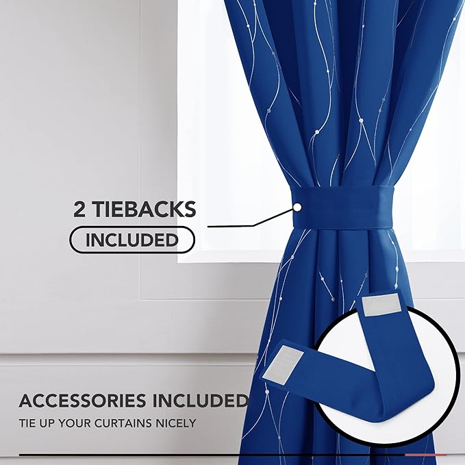 Deconovo Blackout Curtains, 42 x 108 Inch Long Drapes for Sliding Door, Wave Dot Silver Print, Soundproof Thermal Insulated Curtain for Bedroom Living Room, Set of 2, Machine Washable, Royal Blue