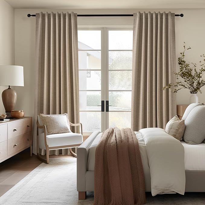 Topfinel Extra Long Total Blackout Linen Curtains 108 Inches Long for Living Room Large Window with Hooks Rings, Pinch Pleated Cold Blocking Acoustic Heavy Taupe Track Curtains 2 Panels 9 FT
