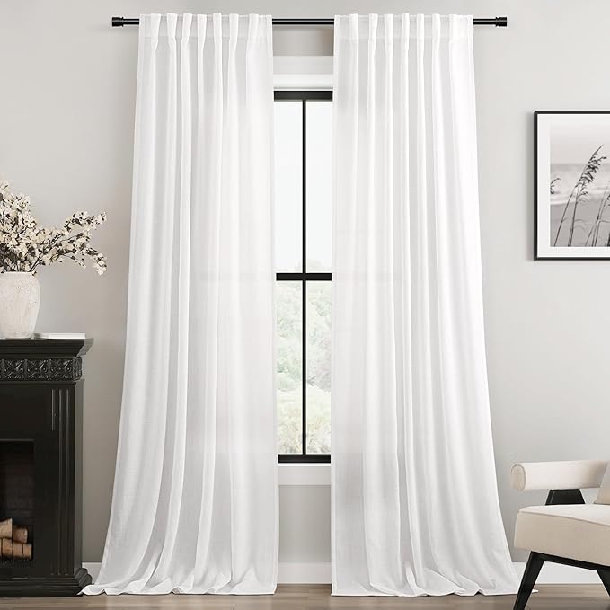 White Curtains 100 inches Long 2 Panels Back Tab Light Filtering Cotton Textured Curtain Modern Farmhouse Coastal Decor Off White Linen Drapes 100 inch Length for Patio Sliding Door Office Bedroom