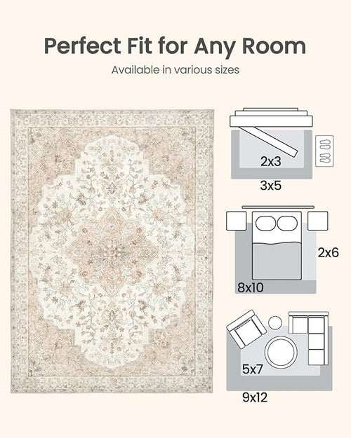 AMADA HOMEFURNISHING 8x10 Washable Area Rug, Low-Profile Large Area Rug with Non-Slip Backing & Durable Edge Binding, Vintage Large Rugs for Living Room, Bedroom, Dinning Room