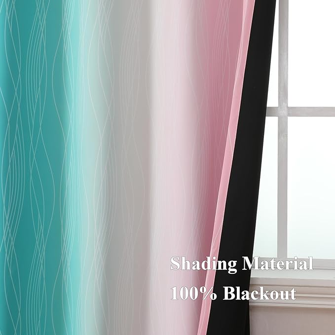 Estelar Textiler Pink and Teal Blackout Curtains 45 Inch Length, Full Light Blocking Gradient Drapes for Kitchen, Thermal Insulated Grommet Ombre Curtains for Bathroom, 52Wx45L, 2 Panels
