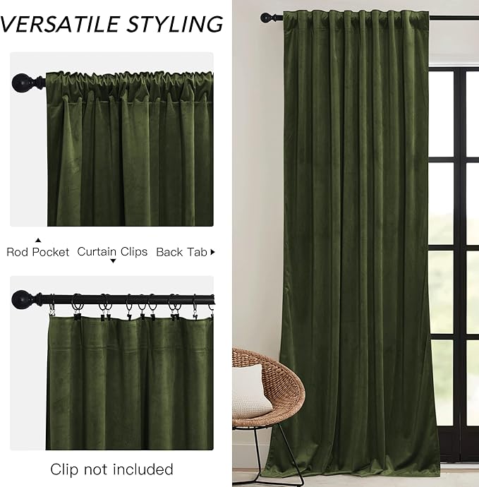 RYB HOME Olive Green Velvet Curtains with Hook Tape, Thermal Insulated Privacy Protect Decorative Drapes for Home Theater, W 42 x L 84 inches, 2 Panels Set