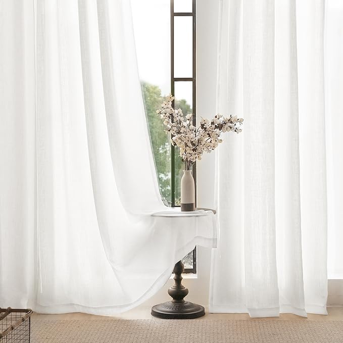 Long White Curtain 108 inches Long 2 Panels Set Back Tab Light Filtering Cotton Textured Curtain Modern Farmhouse Coastal Decor White Linen Drapes 108 inch Length for Large Window 9 FT Tall 42x108
