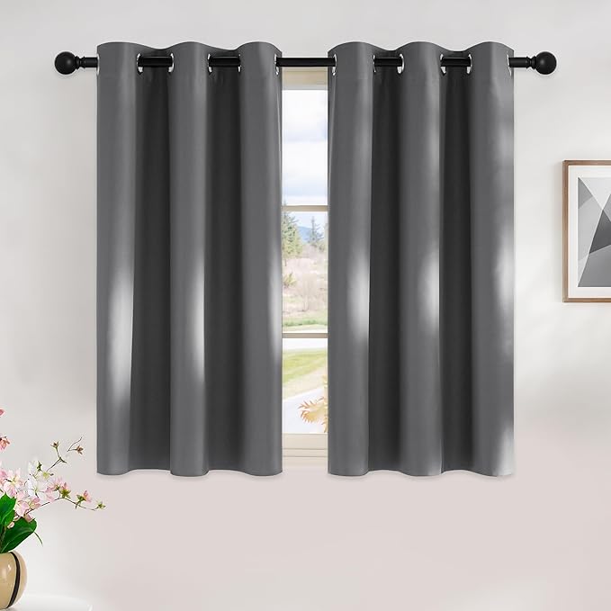 NICETOWN Grey Kitchen Blackout Short Curtain Panels for Bedroom, 45 Inch Long Thermal Insulated Grommet Top Blackout Draperies and Drapes (2 Panels, W42 x L45 -Inch, Grey)
