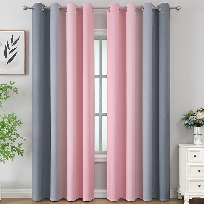 Pink and Grey Blackout Curtains 84 inch Length,Ombre Full Room Darkening Window Curtains for Living Room,Grommet Thermal Insulated Drapes,Light Blocking Curtains for Girls Bedroom,52x84 Inch, 2 Panels