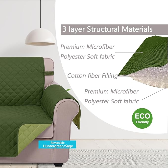 U-NICE HOME Large Sofa Cover Reversible Couch Cover for Dogs Pets with Elastic Straps Water Resistant Furniture Protector for 4 Cushion Couch (Oversized Sofa, Huntergreen/Sage)
