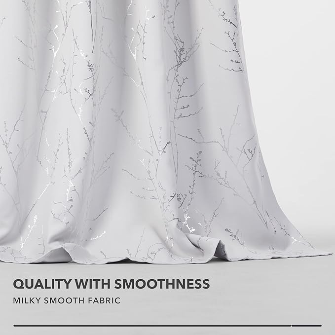 Deconovo Greyish White Curtains, Room Darkening Curtain, Thermal Insulated Soundproof Drapes, Silver Branch Print, 42 x 54 Inch Long, Grommet Window Panels for Living Room Bedroom Kitchen, Set of 2