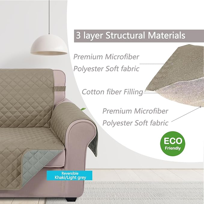 U-NICE HOME Loveseat Sofa Cover Reversible Couch Cover for Dogs with Elastic Straps Water Resistant Furniture Protector for Pets Couch Cover for 2 Cushion Couch (Loveseat, Khaki/Light Grey)