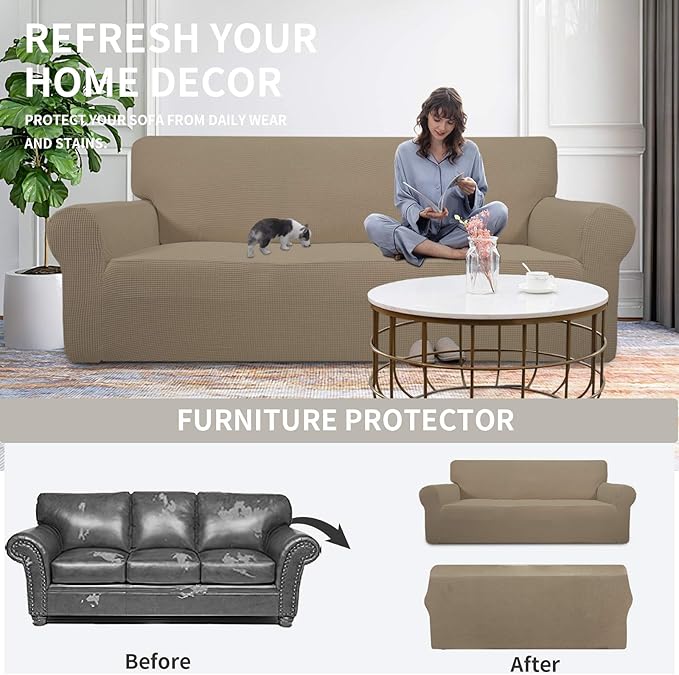 Easy-Going Stretch Sofa Slipcover 1-Piece Sofa Cover Furniture Protector Couch Soft with Elastic Bottom for Kids, Polyester Spandex Jacquard Fabric Small Checks (Sofa, Natural)