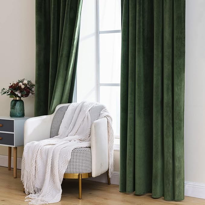 MIULEE Velvet Curtains 108 inches Long 2 Panels - Luxury Blackout Curtains for Bedroom Living Room Thermal Insulated Super Soft Window Drapes Rod Pocket & Back Tab, Olive Green