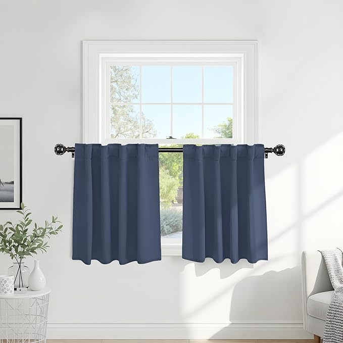PONY DANCE Short Length Curtains for Kitchen, Small Drapes Tiers for Bathroom, Room Darkening Curtains for Bedroom, Wide 29 x Long 24 inches per Panel, Blue Haze, Set of 2