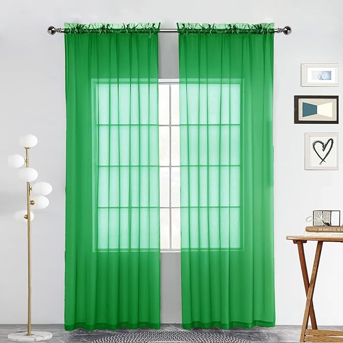SpaceDresser Sheer Voile Window Treatment Rod Pocket Curtain Panels for Kitchen Bedroom Living Room Drapes Sunlight Filtering Privacy Semi Home Decor Assorted Colors Sizes (Green, 52 W x 84 L)