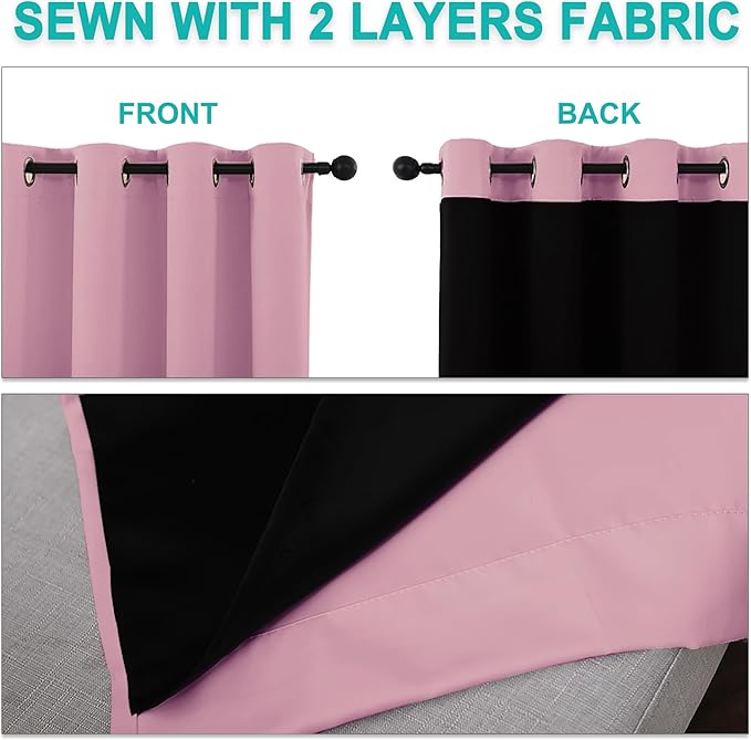NICETOWN 100% Blackout Curtains with Black Liners, Thermal Insulated Full Blackout 2-Layer Lined Drapes, Energy Efficiency Window Draperies for Bedroom (Crystal Pink, 2 Panels, 62-inch W by 63-inch L)