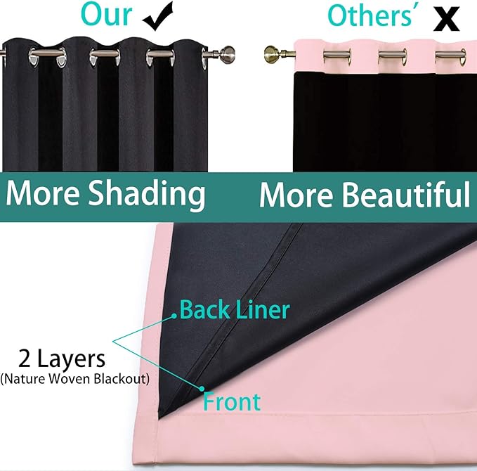 Yakamok 100% Blackout Lined Panels, Thermal Insulated Blackout Curtains for Bedroom, Heat Blocking Drapes for Living Room(52Wx72L, Pink, 2 Panels)